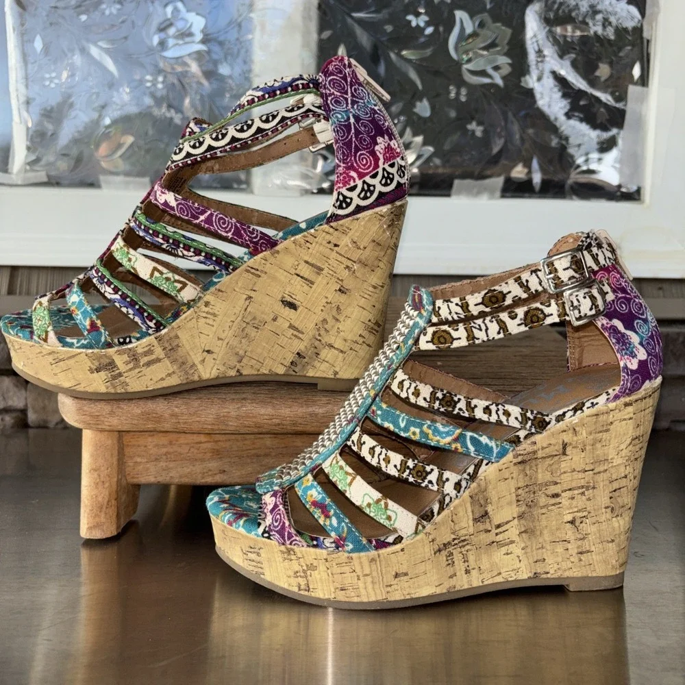 Vintage Mudd 4 In Cork Wedge Platform Sandals Boho Hippie Y2K 90s Womens Sz 7